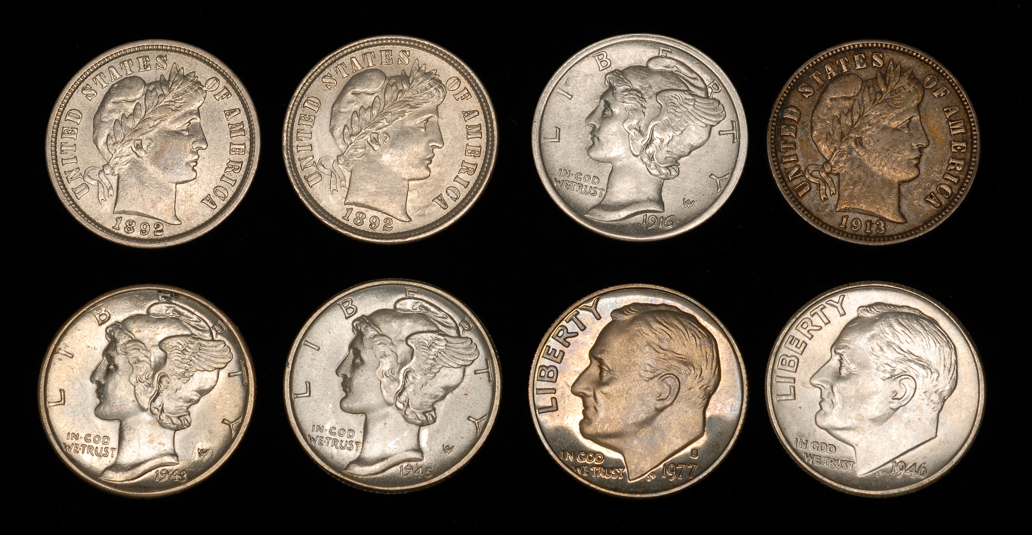 Appraisal: EIGHT U S DIMES Three Barber - Three Mercury Two