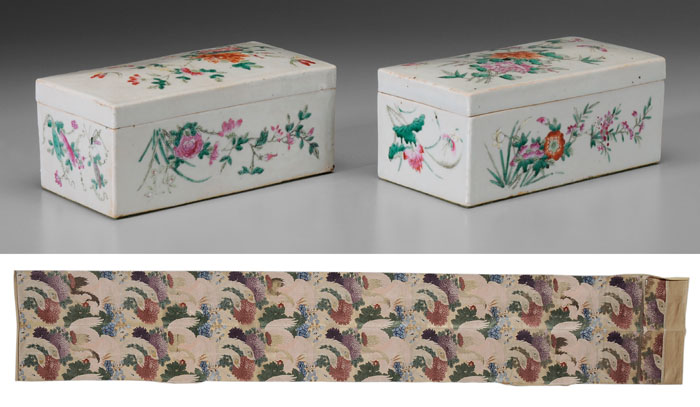 Appraisal: Pair Lidded Porcelain Boxes Silk Obi Chinese late th century