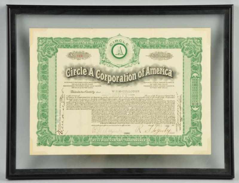 Appraisal: Circle A Corporation Stock Certificate Description Dated December Signed by