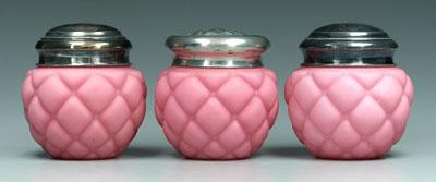 Appraisal: Three satin glass biscuit boxes set with quilted pink matte