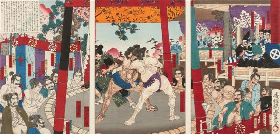 Appraisal: UTAGAWA TOYONOBU - Triptych ban tate-e Signed K ch r