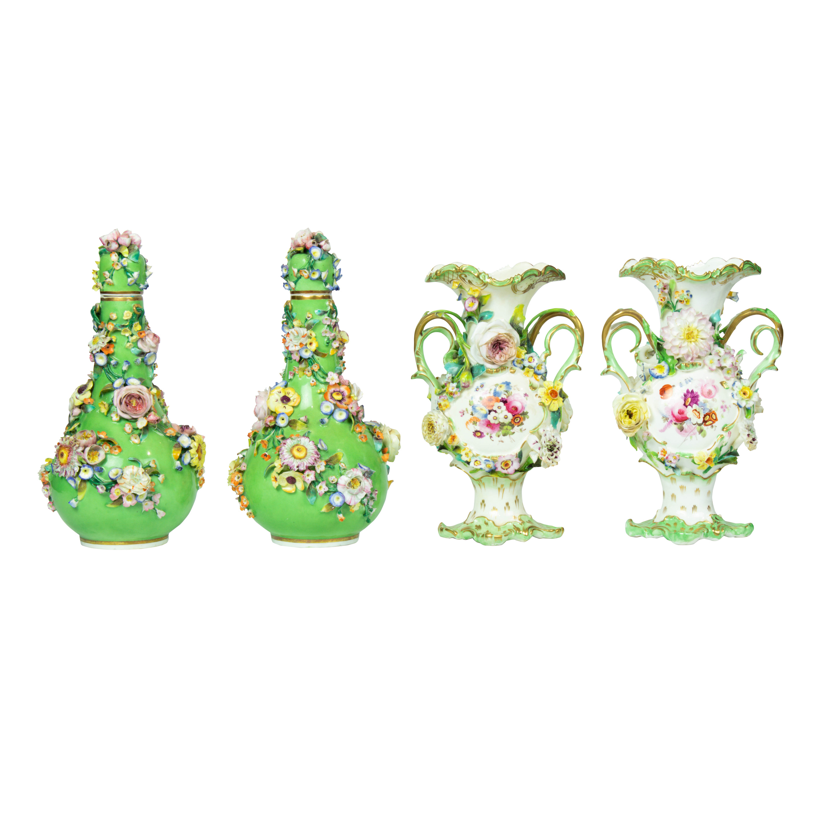 Appraisal: ENGLISH FLORAL ENCRUSTED PORCELAIN BOTTLES AND VASES Lot of English