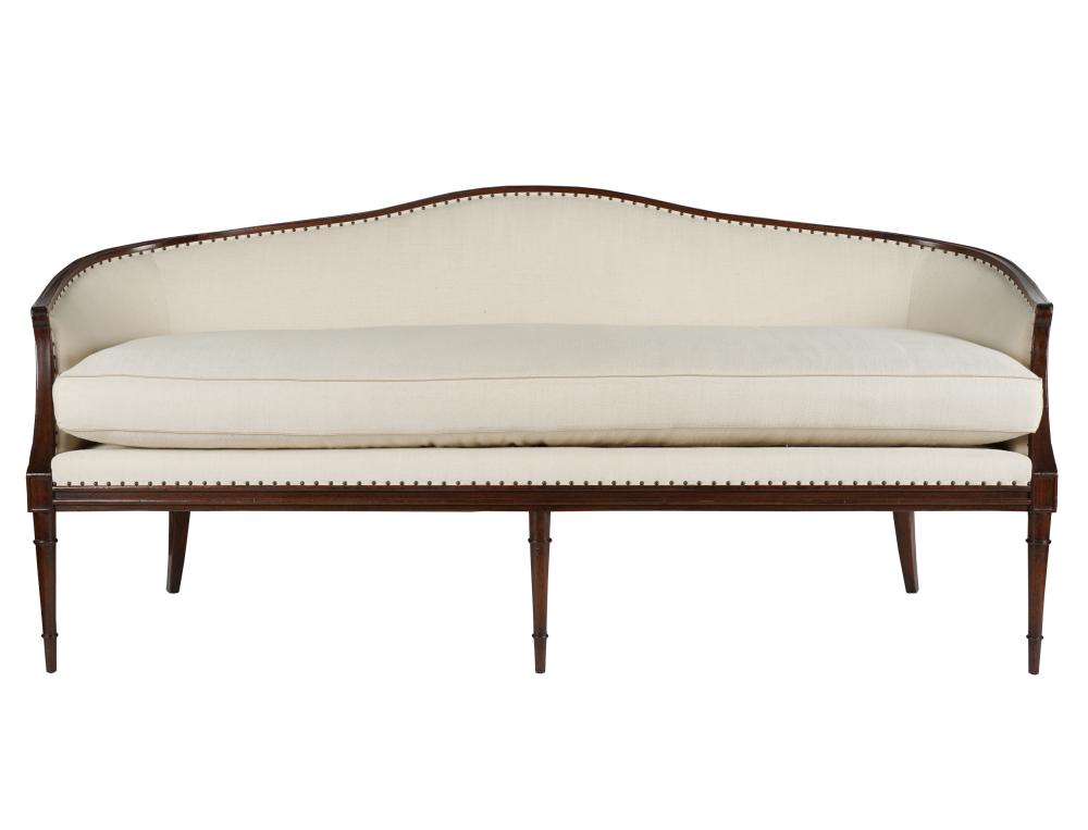 Appraisal: LOUIS XVI-STYLE MAHOGANY SOFAmanufacturer unknown covered with beige linen inches