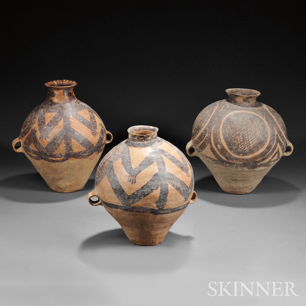 Appraisal: Three Large Pottery Neolithic-style Jars China bulbous forms rising from