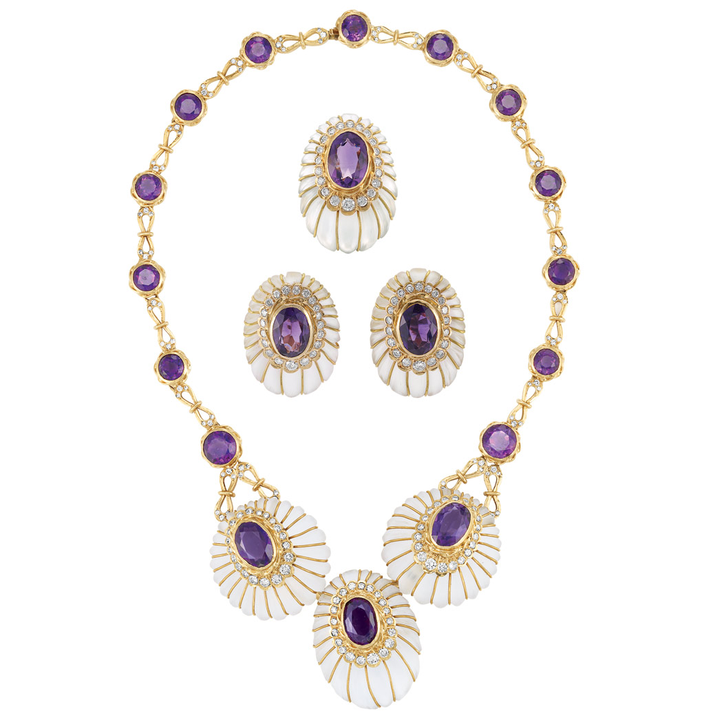 Appraisal: Gold Amethyst Frosted Rock Crystal and Diamond Necklace Pair of