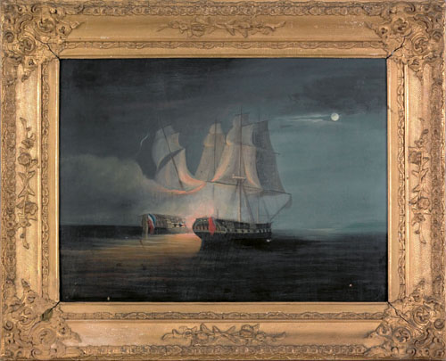 Appraisal: Oil on canvas seascape th c depicting naval engagement between