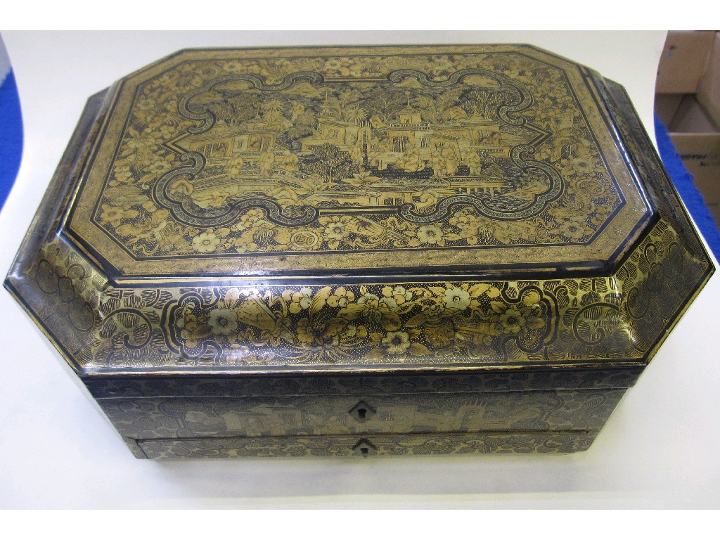 Appraisal: Chinese lacquered sewing box the hinged cover to above a