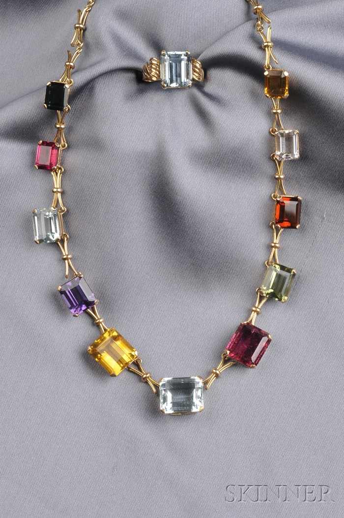 Appraisal: Gem-set Necklace and Ring the necklace set with various emerald-cut