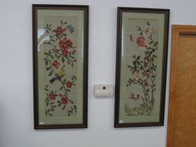 Appraisal: Pair of Framed Needlepoints bird foliage approx x