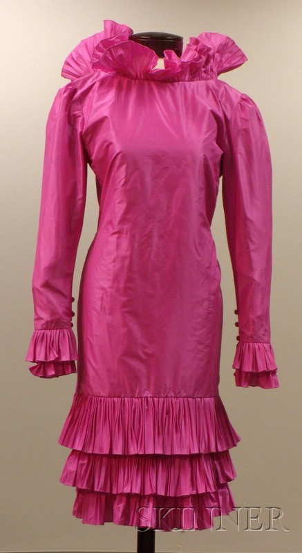 Appraisal: Vintage Bill Blass Fuchsia Taffeta Ruffled Cocktail Dress s labeled