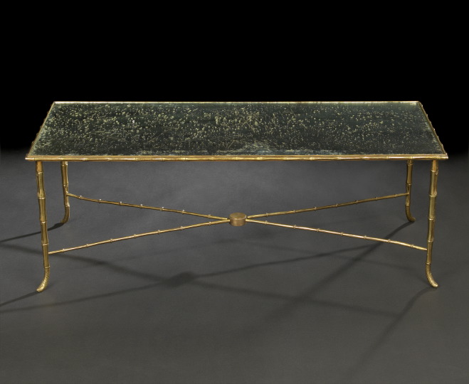 Appraisal: Louis XVI-Style Gilt-Metal and Mirrored Glass Cocktail Table the inset