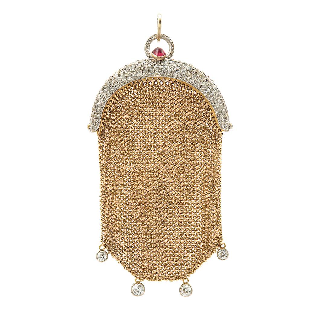 Appraisal: Antique Gold Platinum Diamond and Cabochon Ruby Mesh Change Purse