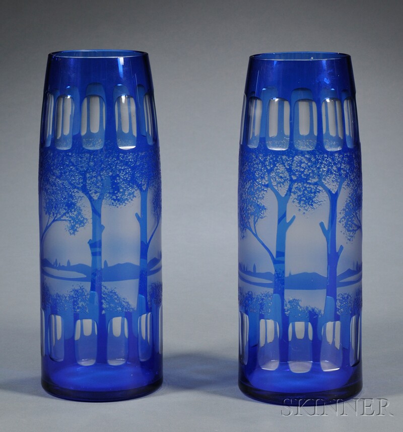 Appraisal: Pair of Blue Cut-to-colorless Vases th or th century cylindrical