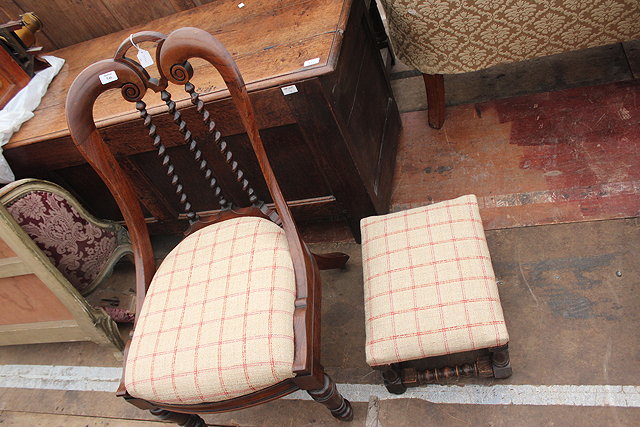 Appraisal: A VICTORIAN ROSEWOOD FRAMED LOW CHAIR scrolling back with barley