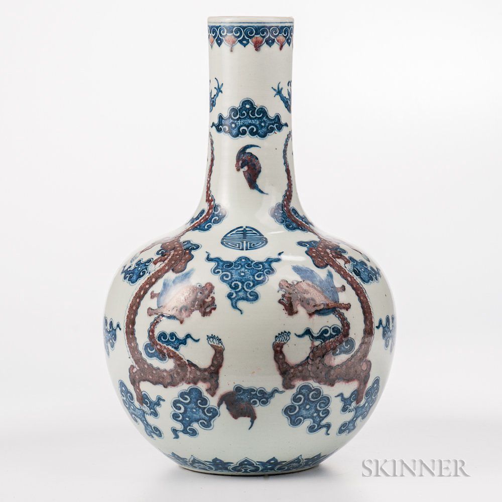 Appraisal: Blue and Copper Red White-glazed Tianqiuping Vase Blue and Copper