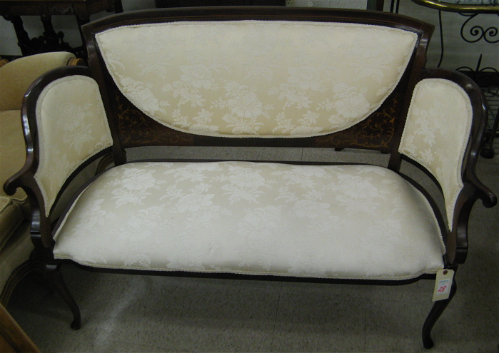 Appraisal: AN INLAID AND UPHOLSTERED MAHOGANY SETTEE Queen Anne influence American