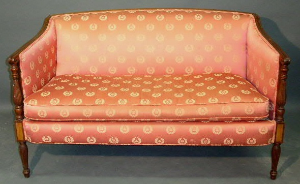 Appraisal: Sheraton style mahogany settee with salmon and gold satin upholstery