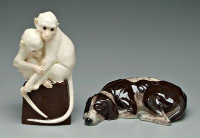 Appraisal: Vienna ceramic dog monkeys two monkeys seated on pedestal glass