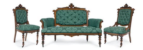 Appraisal: FIVE PIECE VICTORIAN PARLOR SET Walnut Roccoco revival with incised