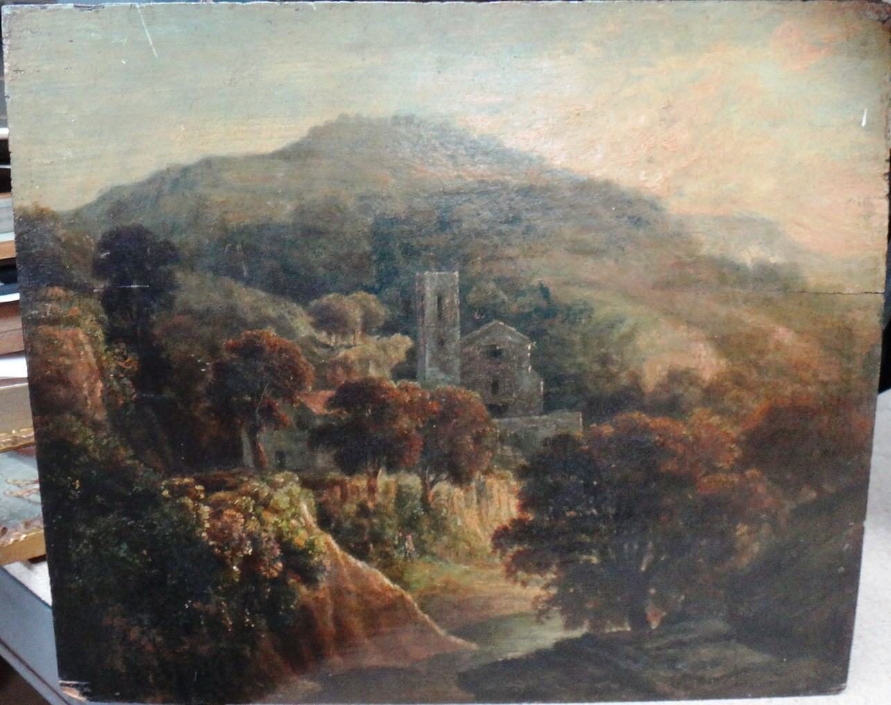 Appraisal: English School th century Wooded landscape with church and hills