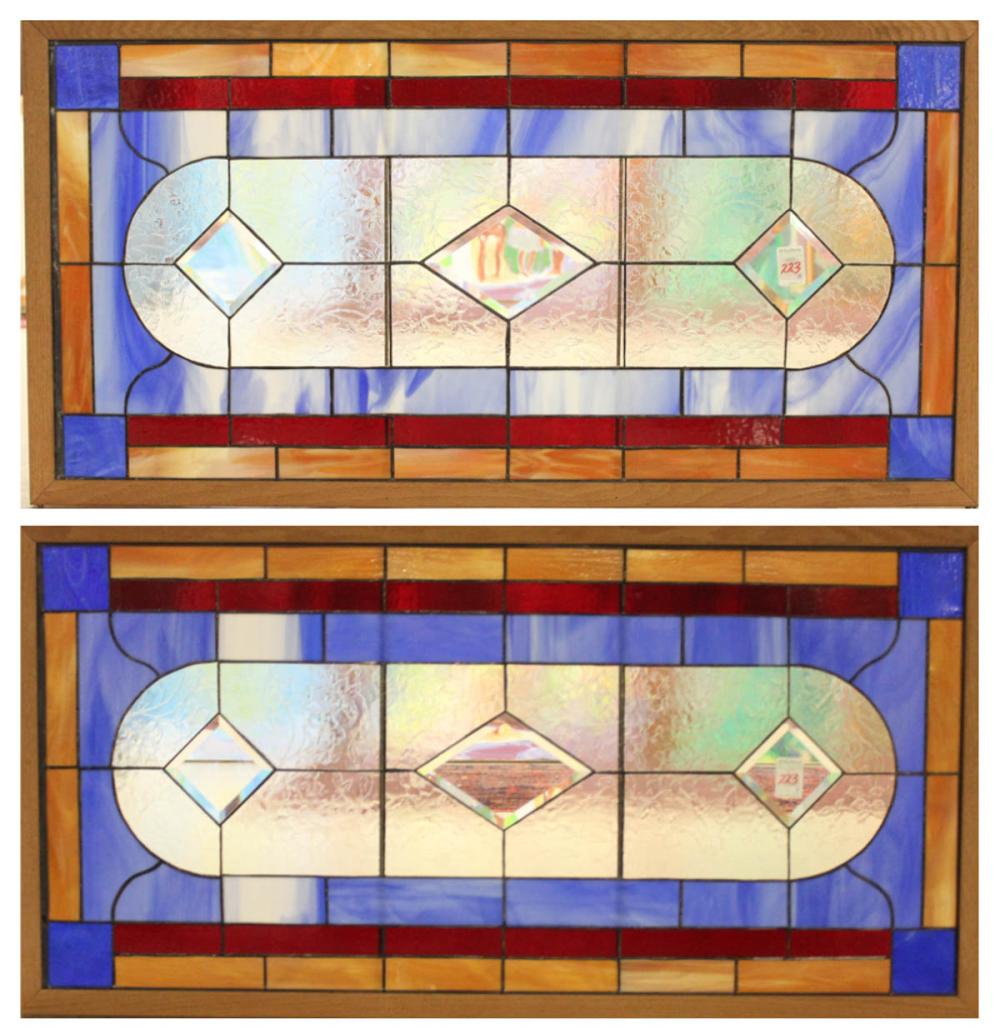 Appraisal: A PAIR OF BEVELED AND STAINED GLASS WINDOWS American th