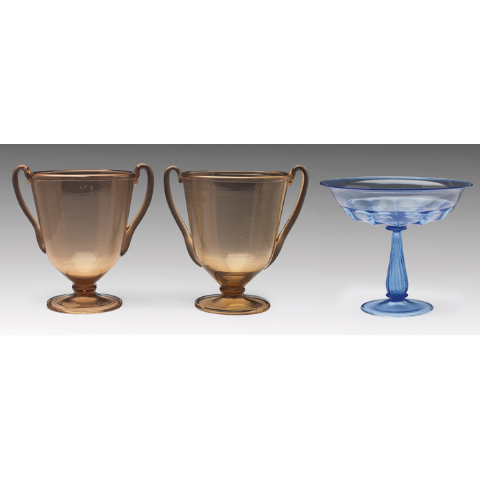 Appraisal: Venini vases pair double handle form in topazglass with vertical