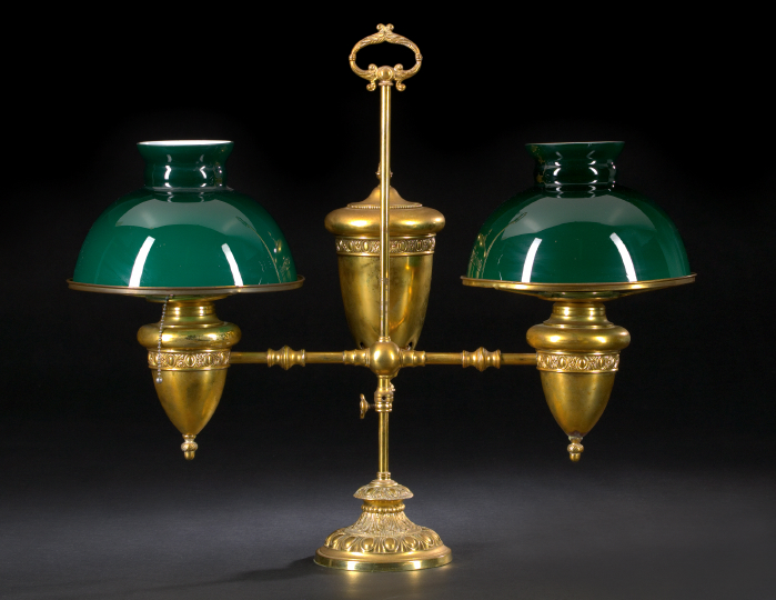 Appraisal: American Gilt-Lacquered Brass Double-Arm Student Lamp ca with adjustable acorn-form