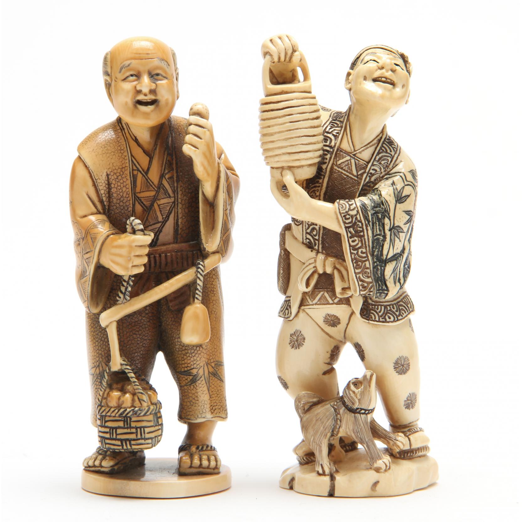 Appraisal: Two Ivory Okimono Male Figures th century ivory both signed