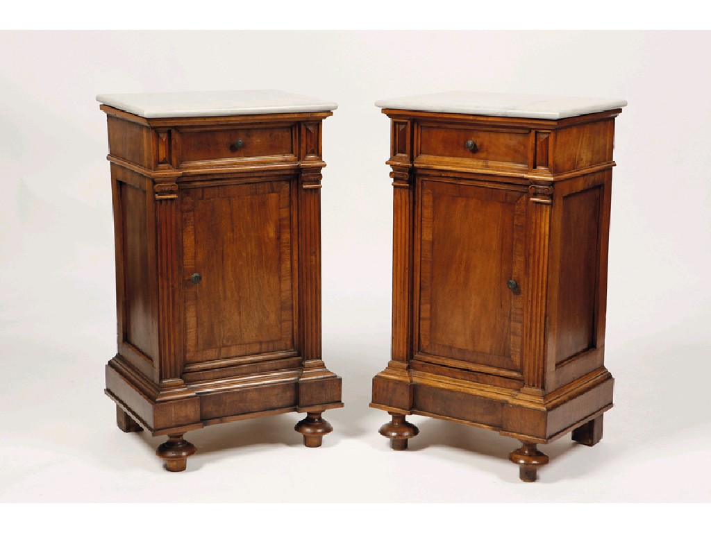 Appraisal: A PAIR OF TH CENTURY FRENCH MARBLE TOP BEDSIDE CUPBOARDS