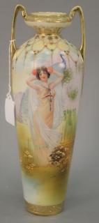 Appraisal: Nippon scenic jeweled porcelain vase with hand painted scene of