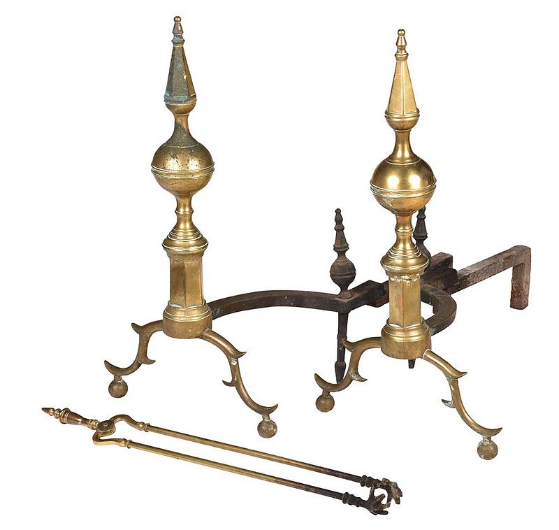 Appraisal: Pair American Federal Brass Steeple Top Andirons probably New York