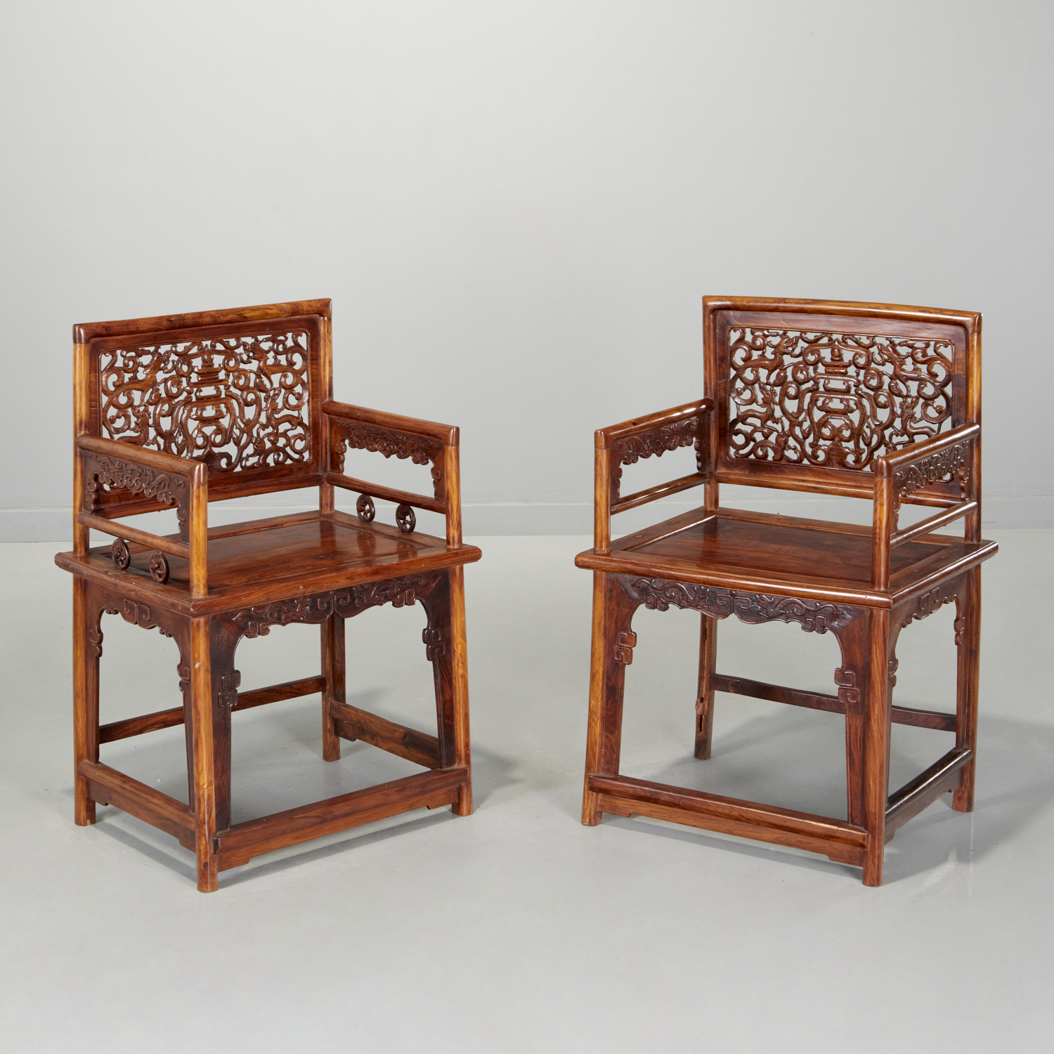 Appraisal: PAIR CHINESE HUANGHUALI 'MEIGUI YI' CHAIRS Likely Qing Dynasty th