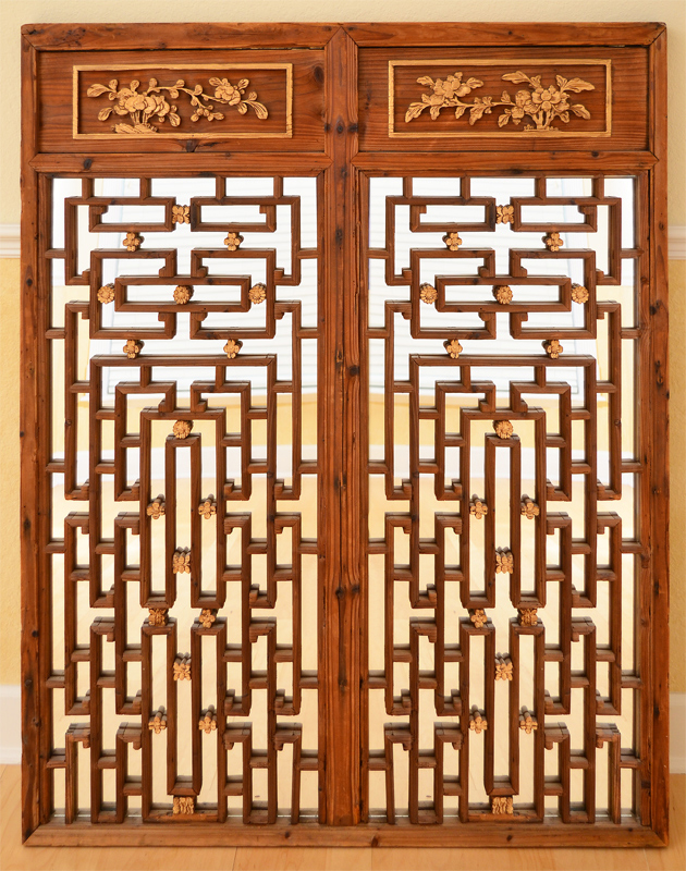 Appraisal: CHINESE PANEL CARVED MIRRORED WALL SCREEN Screen with applied carved