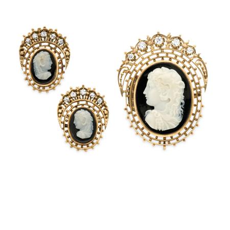 Appraisal: Antique Gold Hardstone Cameo and Diamond Pendant-Brooch and Pair of