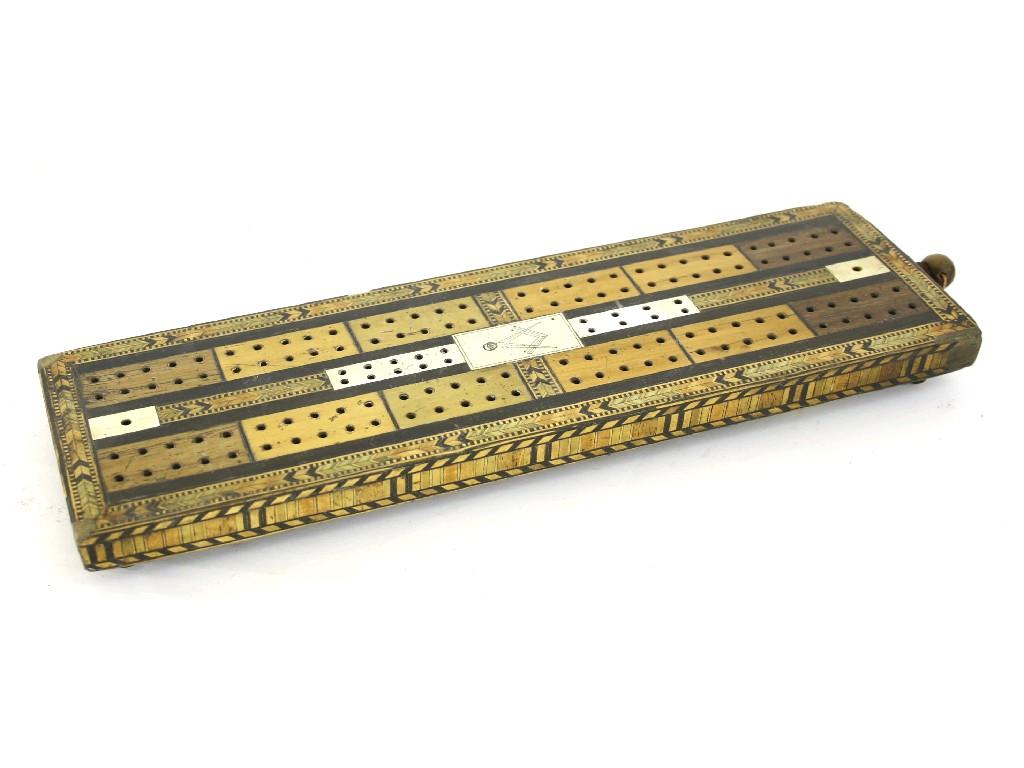 Appraisal: Tunbridge Ware cribbage board with turned handle long overall