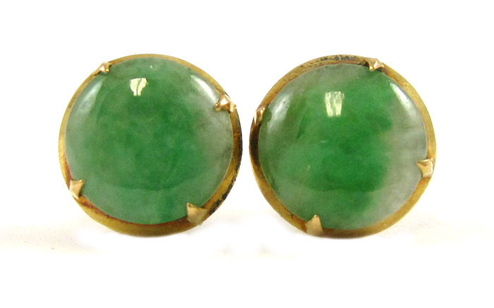 Appraisal: PAIR OF JADE AND YELLOW GOLD EAR STUDS each with