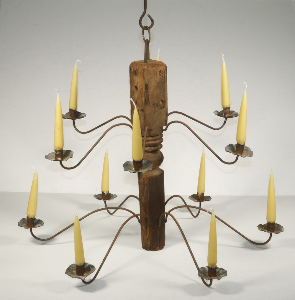 Appraisal: COLONIAL STYLE CHANDELIER Colonial style handmade turned wood and metal