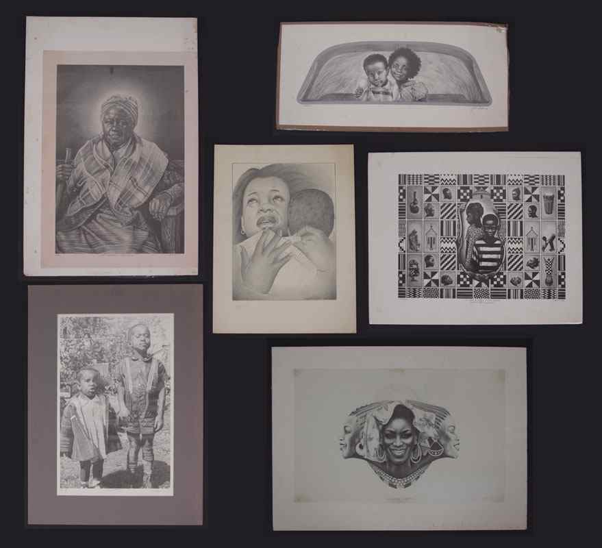 Appraisal: PIECE BLACK ARTIST PRINT PAINTING LOT Mother and Child Pencil