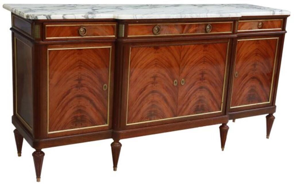 Appraisal: French Louis XVI style marble-top mahogany breakfront sideboard th c