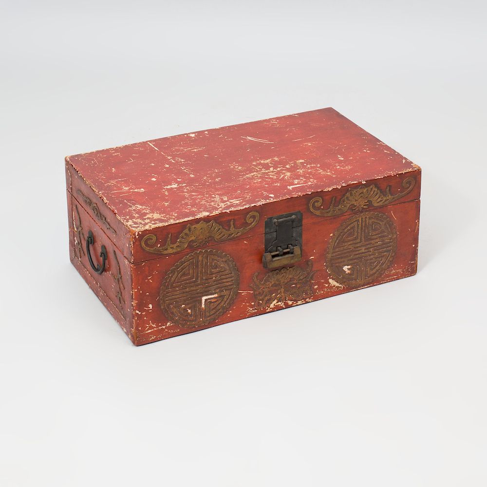 Appraisal: Chinese Metal-Mounted Red Lacquer Trunk x x in Condition There