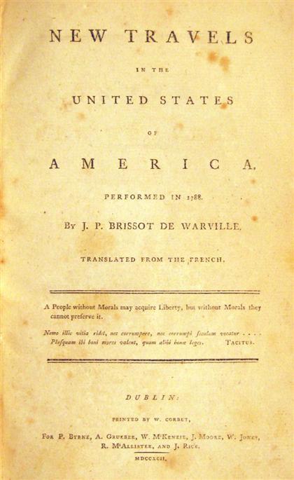 Appraisal: vol Brissot de Warville Jacques-Pierre New Travels in The United