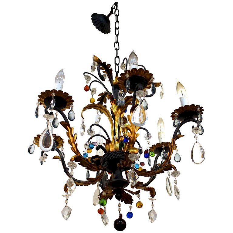 Appraisal: Hollywood Regency Toleware Chandelier Glass Drops Hollywood Regency black and