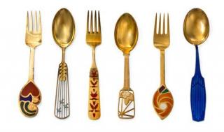 Appraisal: Fourteen Danish Silver-Gilt and Enamel Christmas Spoons and Forks Anton