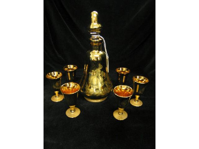 Appraisal: French Crystal Decanter Cordial Set gold finish with courting scene