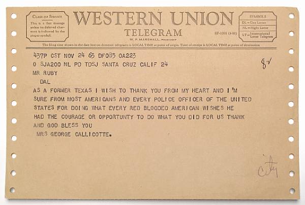 Appraisal: RUBY JACK Western Union telegram sent by Mrs George Callicotte