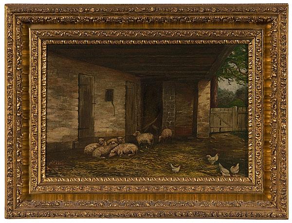 Appraisal: BARN SCENE WITH SHEEP AND CHICKENS BY H F G