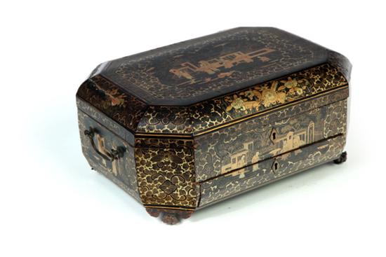 Appraisal: EXPORT LACQUERED SEWING CADDY China th century Gold floral and