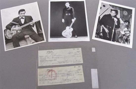 Appraisal: VINTAGE JOHNNY CASH PHOTOGRAPHS SIGNED BANK CHECKS Black and white