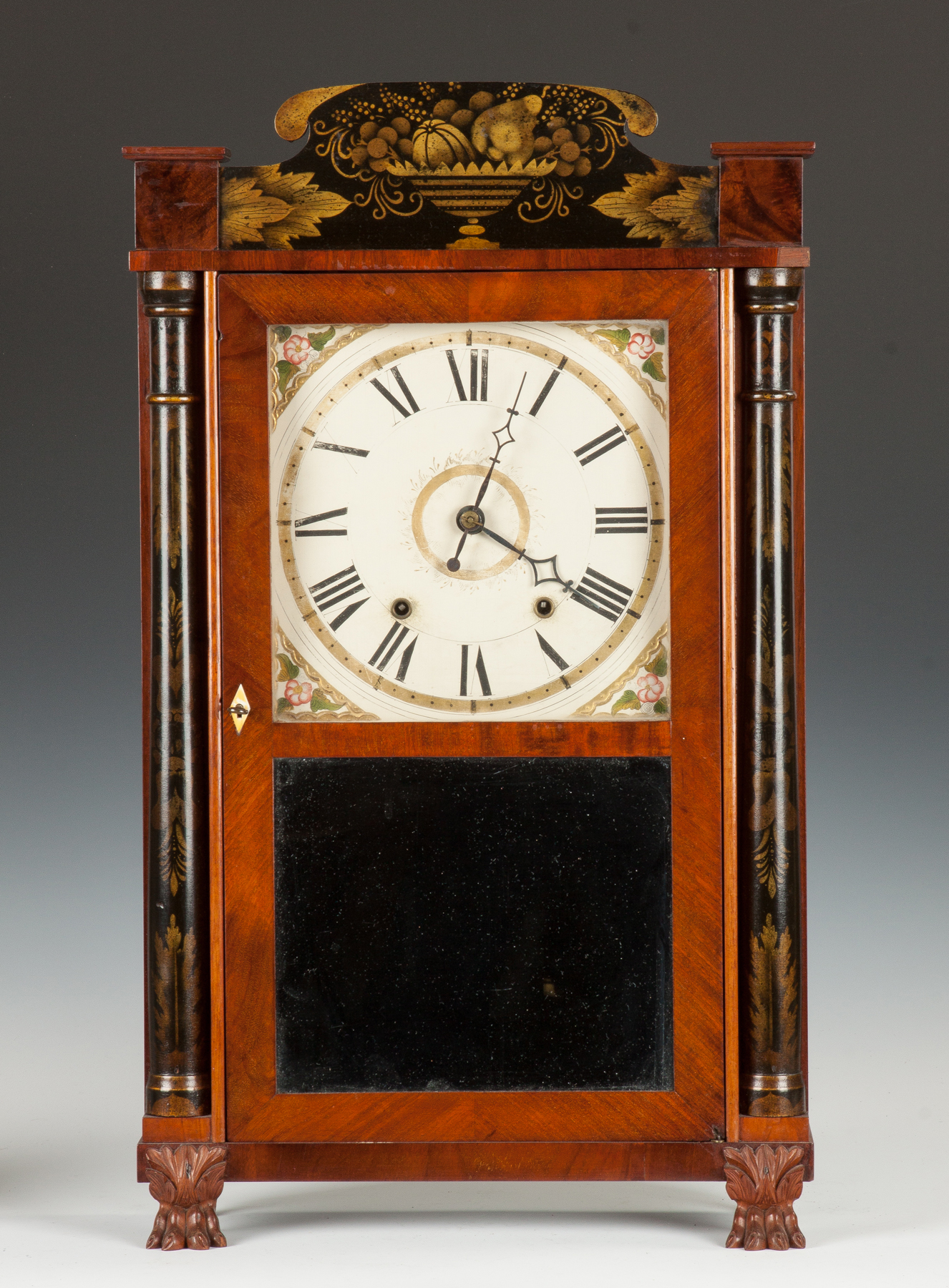 Appraisal: Silas Hoadley Shelf Clock Mahogany case with carved paw feet