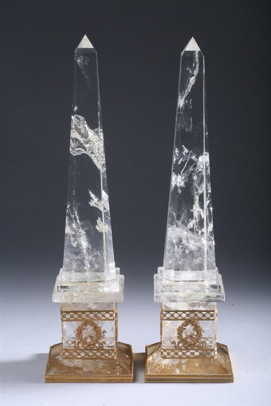 Appraisal: PAIR GILT-BRONZE MOUNTED ROCK CRYSTAL OBELISKS early th century -